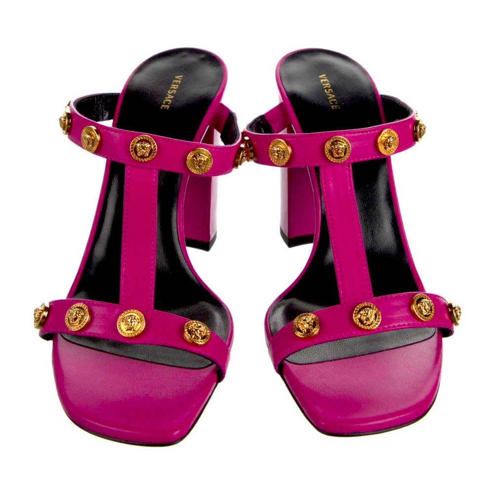 Brand New Never Worn Authentic Versace Pink Leather Studded Accents T-strap.